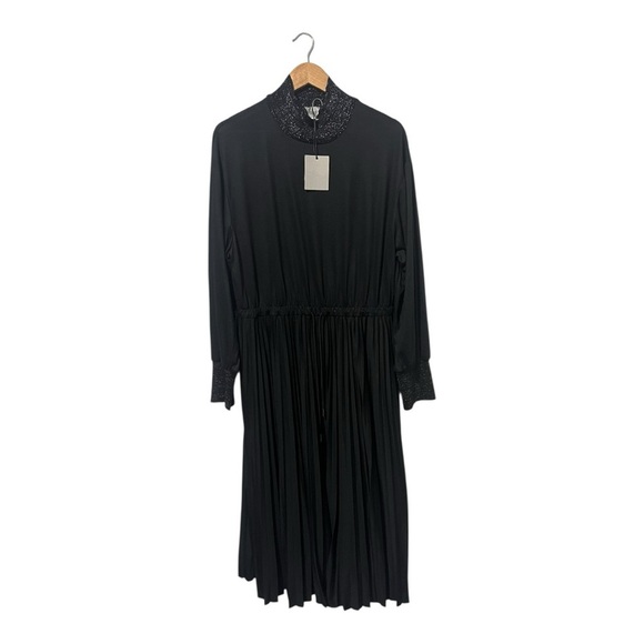 Marella Burda Midi Dress in Jersey Black 2XL Turtleneck Drawstring Pleated 2XL - Picture 2 of 6